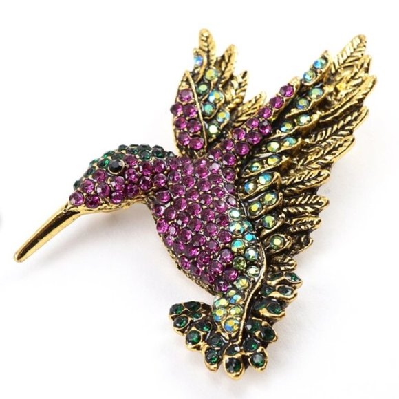 Vintage Style Gold-tone AB Crystal Rhinestone Humming Bird Brooch Pin Pink Green - Picture 3 of 10